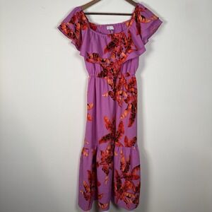 Women's Sofia Jeans Dress Maxi Bright Floral Size Small Tropical Vacation Ruffle